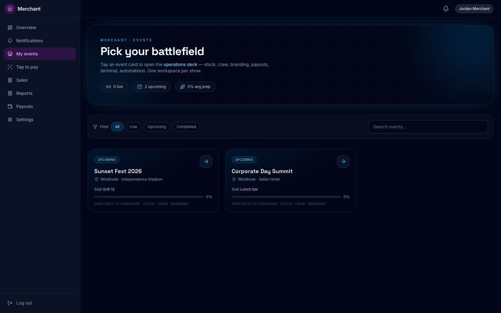 Merchant portal My events