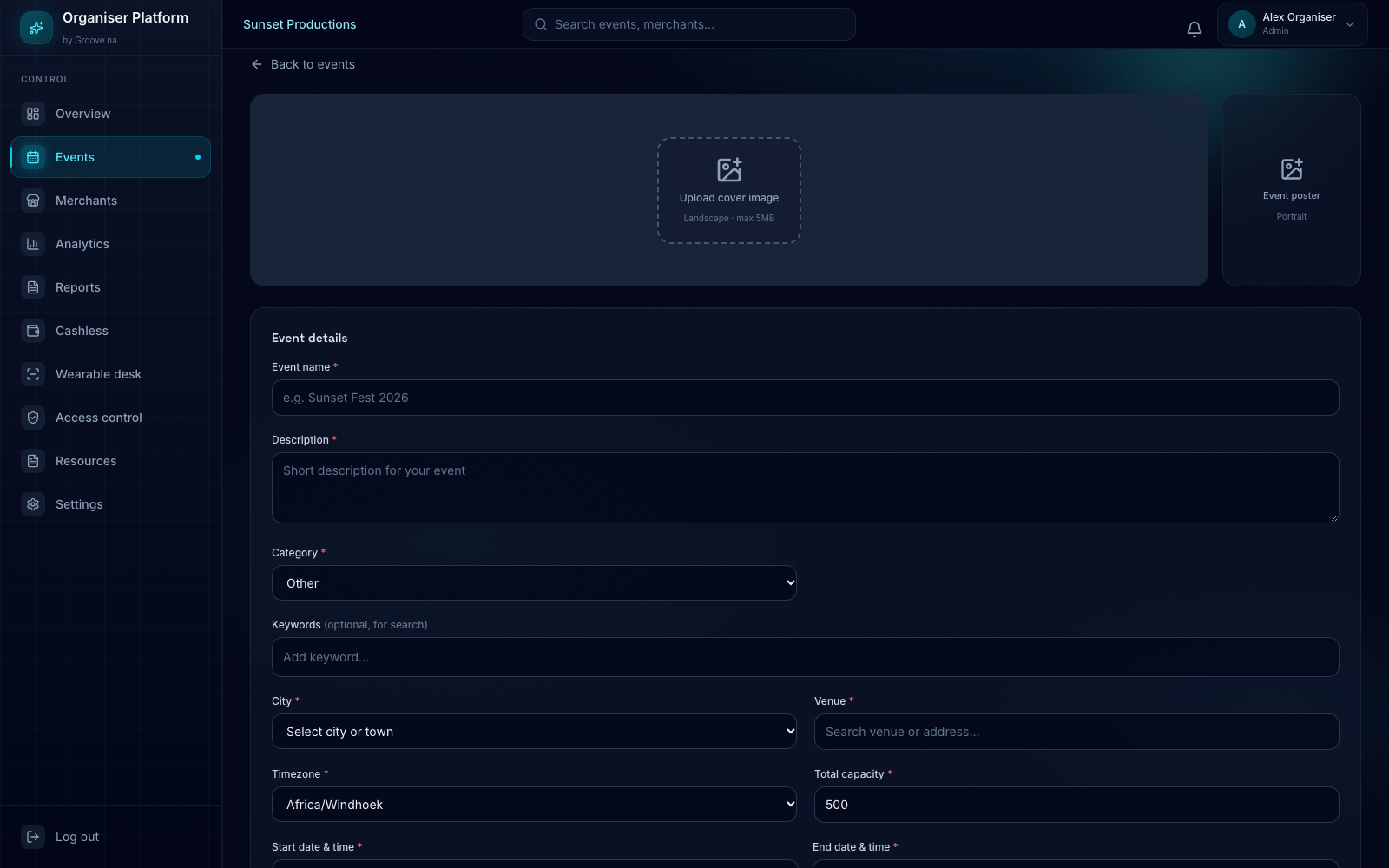 Create event screen with sidebar and cover upload