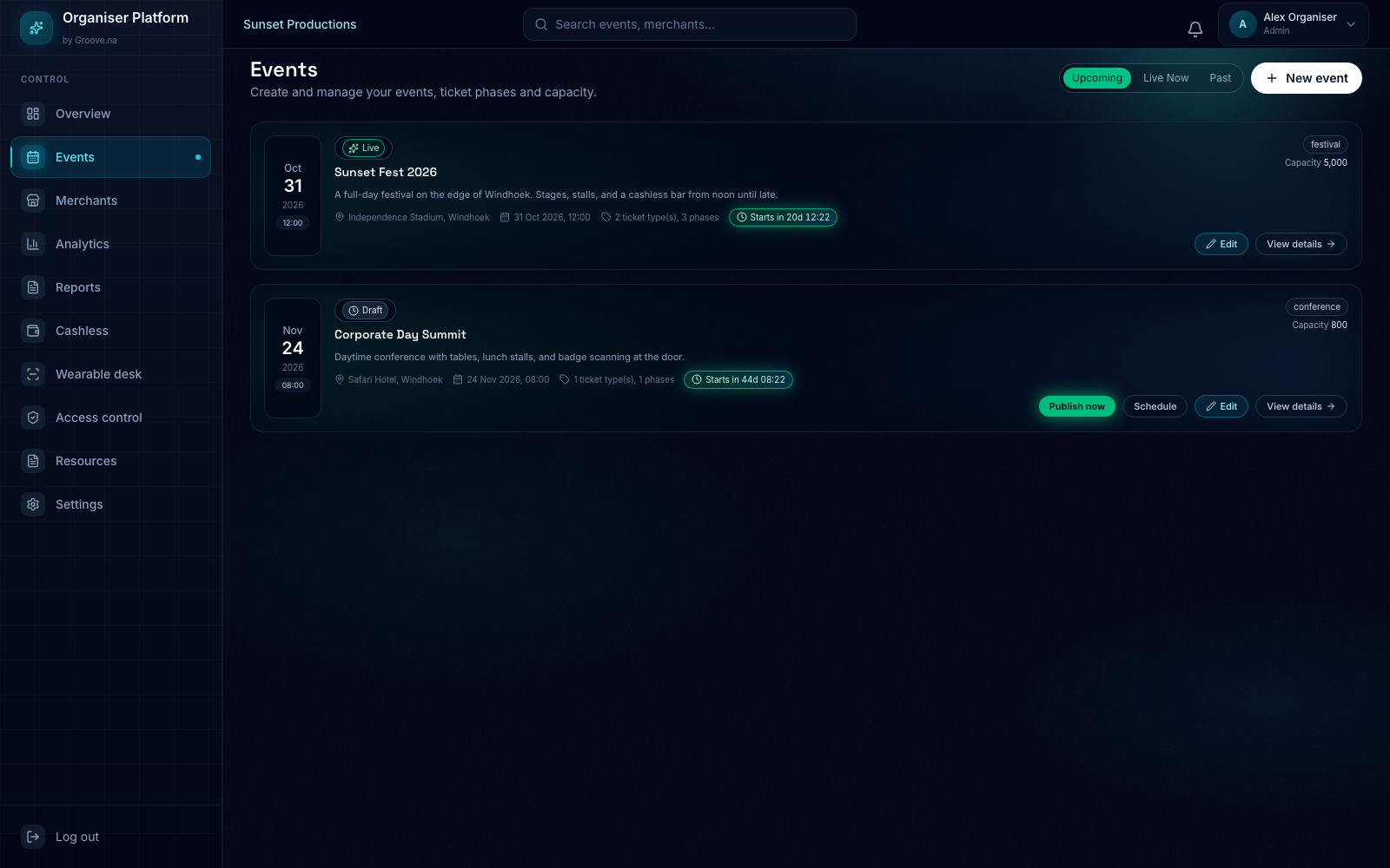 Events list with Live and Draft cards