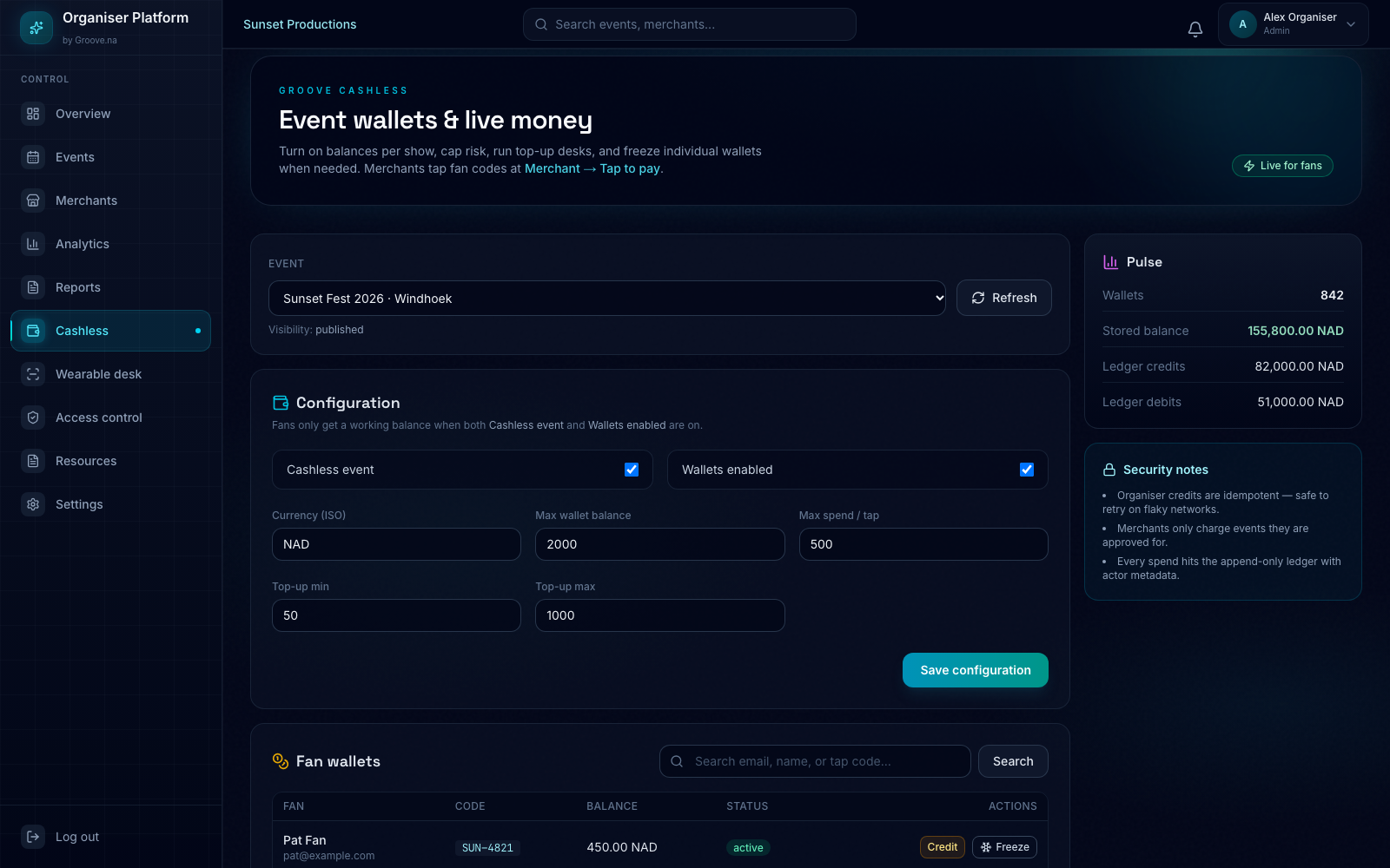 Cashless page with event selector and configuration